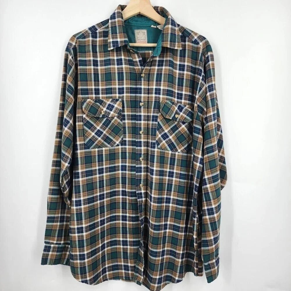 Outdoor Exchange Men's 90's‎ Vintage Flannel Shirt Plaid Long Sleeve Size LT